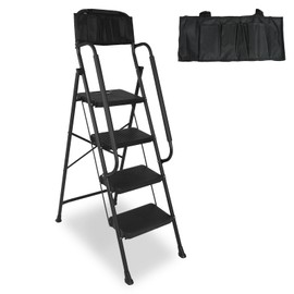 4 Step Ladder with Handrails & Attachable Tool Bag, 330 lbs Folding Step Stool Ladder, Wide Non-Slip Pedal for Kitchen Pantry Home Office, Black