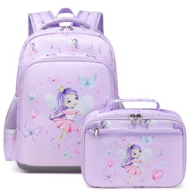 Octsky Toddler Backpack for School Girls 4-6 | Kindergarten Elementary Kids Backpack with Chest Strap and Lunchbox | Butterfly Elves Purple