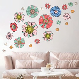 Supzone Boho Retro Floral Wall Decals - Vintage Flower Wall Stickers, Large Colorful Hippie Flower Wall Art for Bedroom, Living Room, Offices, Sofa, TV Backdrop