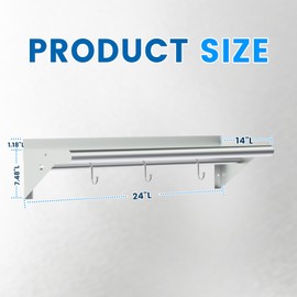 Treshin Stainless Steel Shelf with 3 Hooks 14 x 24 Inches, Commercial Wall Mount Floating Shelving Storage Pot Rack for Hanging Pots, Pans, cookware in Restaurant, Kitchen, Home, Bar and Hotel