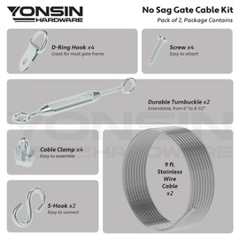 YONSIN Anti-Sag Gate Hardware Kit for Wooden Fence Gate, Anti-Sagging Gate Support Cable Kit Hardware - D Ring & Door Frame Repair, Sliver, 2 Pcs
