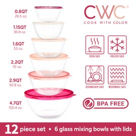 COOK WITH COLOR 12 Pc Glass Mixing Bowl Set with Lids – Borosilicate Glass Nesting Bowls for Cooking, Baking and Meal Prep, Rose