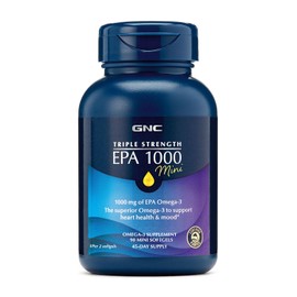 GNC Triple Strength Fish Oil EPA 1000 Mini, 1000mg Omega 3, Mini Softgels, Supports Eye, Brain, Skin, Healthy Triglycerides, Heart, Joint, Coated to Control Fishy Burps, 45 Servings