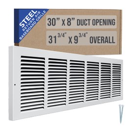 Fits 30x8 Duct Opening | Steel Baseboard Return Air Grille by Handua | Vent Cover Grill | 7/8" Margin Turnback [Depth] to Fit Baseboard | White | Outer Dimensions: 31.75"W X 9.75 "H