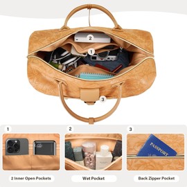Large Leather Weekender Bags for Women, Travel Duffel Bag PU Overnight Bag Carry On Tote Bag with Shoe Compartment Wet Pocket and Toiletry Bag for Travel Business Women Men (Embossing Brown L)