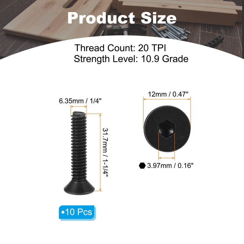 PATIKIL 1/4-20 x 1-1/4" Flat Head Socket Cap Screws, 10