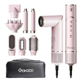 Secador de Cabello alta Velocidad 7 en 1 Kit Profesional, 120000rpm Boquillas + Cepillo + Rizador de Pelo, Tecnología Iónica Secadora de Pelo para Rizar, Voluminizar y Alisar, Rosa
