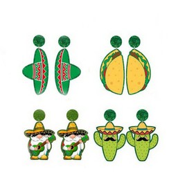 4Pairs Cinco De Mayo Piñata Sombrero Maracas Chili Pepper Racket Horse Hat Avocado Cactus Guitar Drop Dangle Earring Set for Women Acrylic Mexican Themed Statement Earring Fiesta Jewelry-D4
