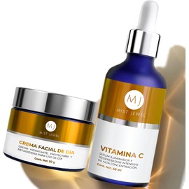 MIST JEWEL Pack Facial con serum Vitamina C  E  Ácido hialurónico y Crema de Día fotoprotectora FPS 30 Ácido Ferúlico y Vit C 50g  Paquete Skincare
