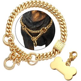 Gold Dog Martingale Collar Metal Chain Choke with Design Secure Buckle Dog Tag, 18K Cuban Link 15MM Strong Heavy Duty Chew Proof Walking Training Slip Collar (15MM, 12")