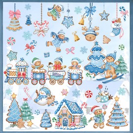 wondever Christmas Gingerbread Man Candy House Window Clings Cookie Candyland Peppermint Glass Sticker Decal Anti Collision Double-Side Static Window Decals for Home Xmas Holiday Party