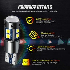 YEERON 4pcs 168 194 T10 LED Bulbs Super Bright 10x3030SMD Chips LED Lamp for Side Marker Door Wedge lights,White 6000K.