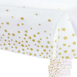 2Pcs 137*274cm White and Gold Disposable TableCloths Party Paper Plastic TableCloth,Gold Star Rectangular Waterproof Table Cover for Picnic,Baby Shower,Wedding,Christmas,Birthday Party Decorations