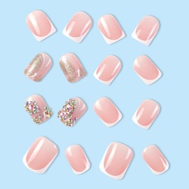 Cubahop 24pcs French Short Square Fake Nails Nude Pink Flower False Nails Rhinestone Butterfly Press on Nails for Women and Girls (Red 2)