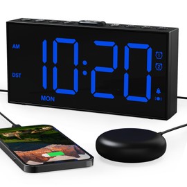 ROCAM Alarm Clock Loud for Deep Sleepers and Deaf, 7 Inch Large Display, Bold Font, Digital, Adjustable Brightness, Double Alarm, Snooze, USB Charger, for Bedroom Use (Blue)