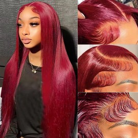 AUOU 99j Burgundy Lace Front Wigs Human Hair 13x4 HD Lace Front Wigs Human Hair Pre Plucked Wine Red Colored Straight Human Hair Wigs for Black Women 200% Density Glueless Lace Frontal Wigs 22 Inch