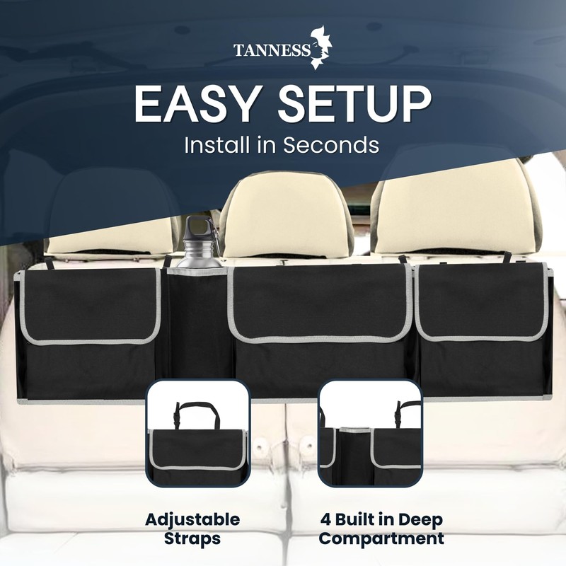 TANNESS Car Boot Seat Organiser with Adjustable Straps - Storage
