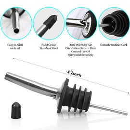 10 Pack Stainless Steel Classic Wine Olive Oil Bottle Pourers Tapered Spout Kit - Liquor Pourers with Rubber Dust Caps-Easily Turn Your Bottles into Dispensers for Liquor, Vinegar, Syrup or Oils