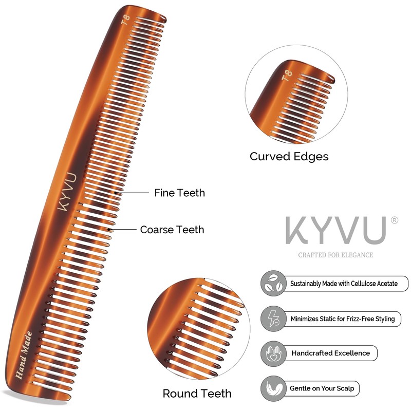 KYVU Handmade Cellulose Acetate Comb T8, 19.1 cm, FINE &