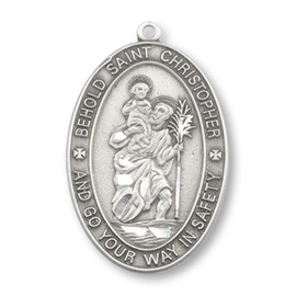 Saint Christopher Pewter Travel Medal Pendant 1 Inch on 24 Inch Stainless Steel Chain