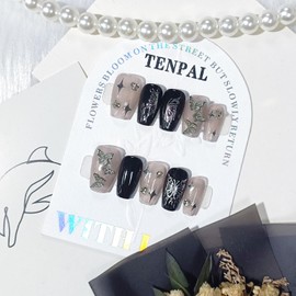 TENPAL Black Nails Handmade Press on Nails Medium Y2k Sweet Cool Fake Nails With Butterfly Stars Designs Acrylic False Nails Hot Girl Glossy False Nails With Soft Gel Nails Press ons For Women(M)