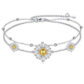 Hancock Daisy Bracelets for Women Sterling Silver Layered Ankle Adjustable Foot Chain Birthday Jewelry Gifts for Women, Sterling Silver, no gemstone