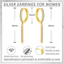 Zolkamery Sterling Silver Hoop Earrings, 925 Silver Drop Earrings with Bar Pendant, Gold Hypoallergenic Dangle Earring for Women, Ladies Dangly Ear Rings with 5A Zirkonia, Gifts for Friends Birthday