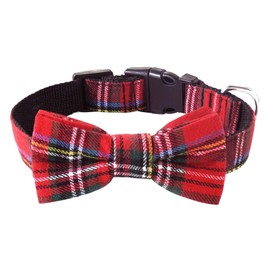 Malier Dog Collar with Bow tie, Christmas Classic Plaid Snowflake Dog Collar Holiday for Small Medium Large Dogs Cats Pets (Scotland Red Plaid, Large)