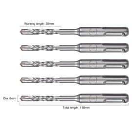 HPMAISON SDS Plus Rotary Hammer Drill Bit Set 6mm x 110mm, 5PCS Cross Drill Bits Hammer Impact Drill Bit 4-Cutter Carbide Tips for Drilling Stone, Concrete, Brick Wall, Cement, Masonry