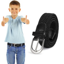 WHIPPY Children's Belt Braided Elastic Belt for Boys Girls Stretch Children's Belt Fabric Belt Woven Belt for Teenagers Juniors 2.5 cm Wide with Metal Buckle, A-Black