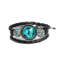 LERYDESI Ocean Sharks bracelet Circling Sharks Jewelry Blue Shiny beads Black Dark brown Leather for Women Man (7 inches, Black)