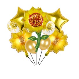 9PCS Yellow Sunflower Birthday Balloons Set Aluminum Foil Sunflower Shaped Mylar Balloons Gold Latex Balloonfor Sunflower Themed Party Wedding Decoration