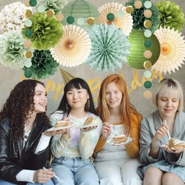 Olive Sage Green Birthday Party Decorations Sage Birthday Party Decor Tissue Paper Pom Poms Flowers Paper Fan Circle Dot Garlands Olive Green Party Neutral Birthday Decorations for Women