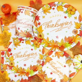 Decodinli Thanksgiving Paper Plates and Napkins Sets Thanksgiving Decorations Party Supplies Serves 25 - Fall Disposable Tableware Set with Plates, Cups and Napkins