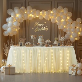 6FT Champagne Tulle Table Skirt for Rectangle or Round Tables, Champagne Tutu Table Skirt with Lights for Baby Shower, Ruffle Tulle Tableskirt for Wedding Bridal Shower Birthday Party Banquet Decor