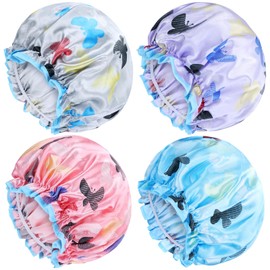 Yoosit 4 PACK Large Waterproof Satin Shower Caps Adjustable Bath Hair Caps Silky Fabric Lined Bathing Hair Cover Wraps Bonnets Hair Protector for Women Girls (Butterfly Colors)