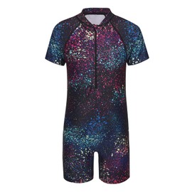 Big Girls Short Sleeve Rash Guard One Piece Swimsuits Zipper Front Bathing Suit Sun Protection Gradient Splashes Size 14/12-14