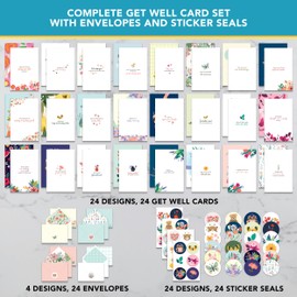 Decorably 24 Pack Assorted Get Well Cards with Envelopes & Stickers - 24 Unique Designs with Printed Message Inside Boxed Get Well Cards, 4x6in Get Well Cards for Men, Get Well Soon Card for Men