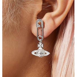 Silver Safety Pin Lucrece Planet Saturn Orb Stainless Steel Necklace Earrings Set Chain Shiny CZ Necklace Stud Earrings Set Dainty Gifts Party Jewelry Gift (Silver Earrings)