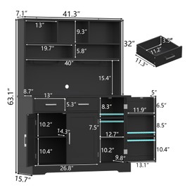Kitchen Pantry Storage Cabinet with 2 Drawers, Tall Kitchen Hutch Cabinet with Microwave Shelf, Modern Buffet Cabinets with Goblet Holders, Food Pantry with Adjustable Shelves for Dining Room, Black