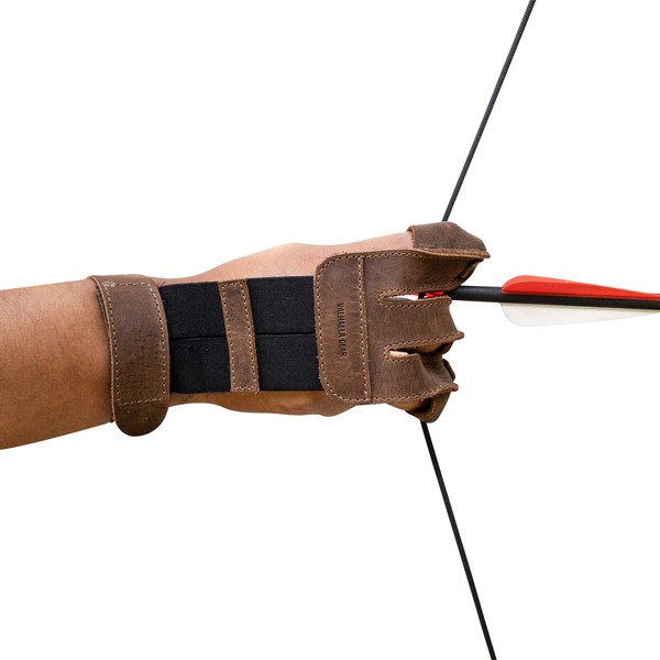 Valhalla Gear, Three-Finger Archery Glove Handmade from Full Grain Leather - Bow and Arrow Shooting, Target Practice, Hunting Accessory - Protection for Wrist & Fingers - Bourbon Brown