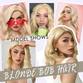 ENTRANCED STYLES Light Blonde Bob Wigs Short Blonde Wavy Wig for Women 14inch Synthetic Colorful Costume Cosplay Hair for White Women Girls Daily Party Use