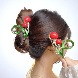 KEMMINTVN Flower Claw Clips for Women – 4.53” Gold Cherry Hair Clip with Green Leaves, Decorative Metal Floral Hairpin, Vintage Shark Hair Accessory