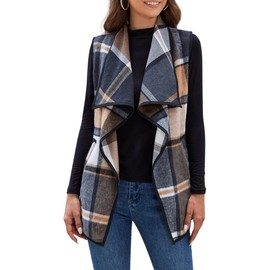 YACUN Women Plaid Vest Lapel Open Front Sleeveless Jacket Outerwear Cardigan with Pockets Greykhaki S