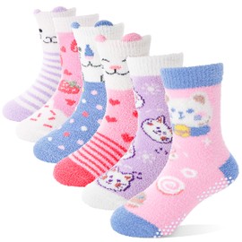 ANTSANG Kids Girls Toddlers Fuzzy Grips Socks with Grippers Non Slip Fluffy Warm Cozy Cabin Plush Crew Socks 6 Pairs(Cat,4-7 Years)