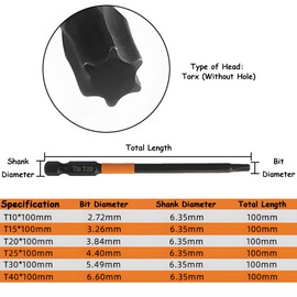 Kigauru 10Pcs Tamper Proof Torx Bit Set S2 Steel Star Set 4 inch /100 mm Long Security Torx Bits Screwdriver 1/4'' Hex Shank Magnetic Star Bit T10 - T40 for Impact Driver Fastener Drive