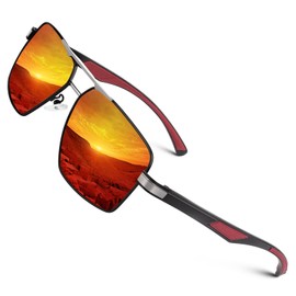 CGID Premium Al-Mg Alloy Square Polarised Aviator Glasses, UV400 Flexible Spring Hinges Sunglasses Men Women, Black frame red mirrored lens