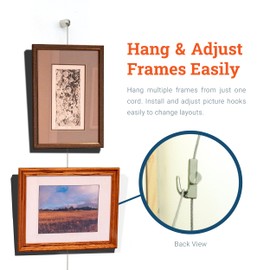PHS Adjustable Picture Hanging System - Bullet Hanger with Steel Cable & Gallery Hooks - Art Hanging System - Art Cable Supports 25 lbs - No Track Needed