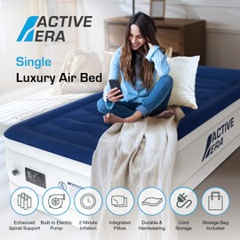 Active Era Luxury Twin Size Air Mattress (Single) - Elevated Inflatable Twin Air Bed, Electric Built-in Pump, Raised Pillow & Structured I-Beam Technology, Height 21" (Inc Pillow)