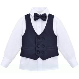 Lilax - Conjunto de traje para niños pequeños y pequeños, chaleco de traje formal, camisa de vestir blanca, pantalones de vestir y pajarita de 4 piezas, marino, 5 Años